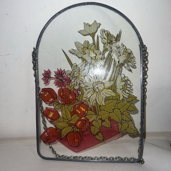 Window Picture, Basket Of Assorted Flowers  Hanging Floral Art 8”x5.5” - Picture 4 of 7